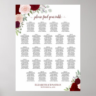 23 Tabel Rood en roze Floral Wedding Seating Chart Poster
