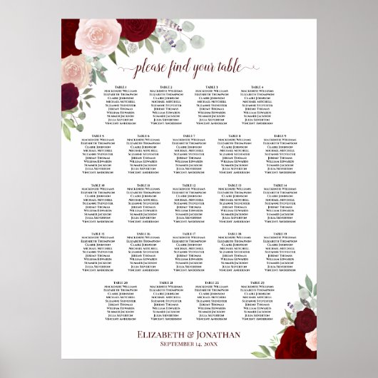 23 Tabel Rood en roze Floral Wedding Seating Chart Poster (Voorkant)