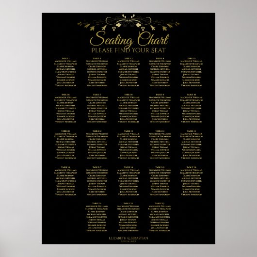 23 Tafel Gold Black Elegant Wedding Seating Chart Poster (Voorkant)