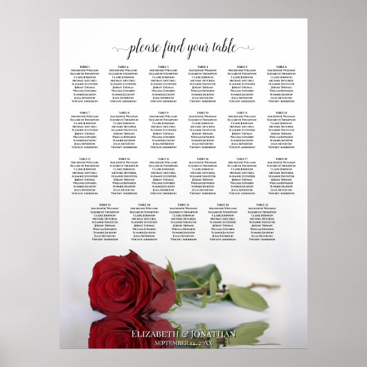 23 Tafel Weergavend Rode Roos Bruiloft Zitplaatska Poster (Voorkant)