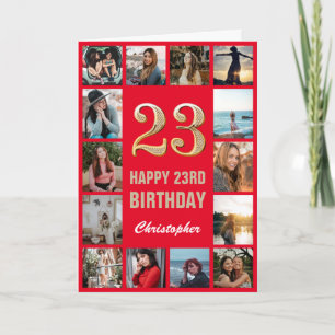 23e Happy Birthday Red en Gold Photo Collage Kaart