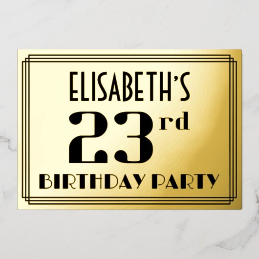 23e verjaardag: Art Deco Kijk "23" en naam Folie Uitnodiging (Voorkant)