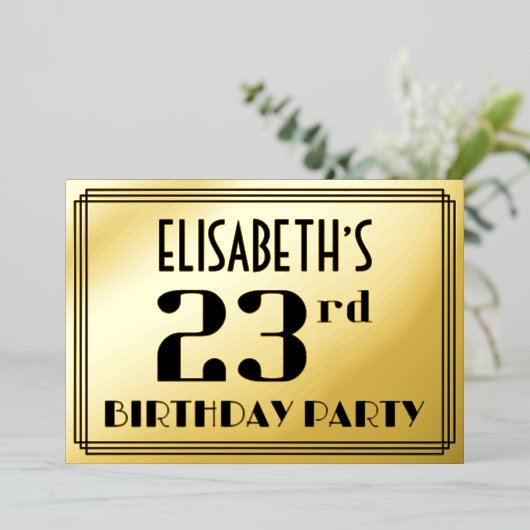 23e verjaardag: Art Deco Kijk "23" en naam Folie Uitnodiging (Staand Voorkant)