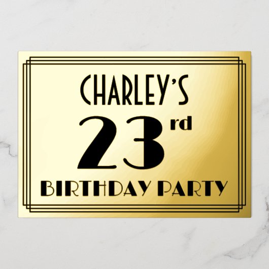 23e verjaardag — Art Deco look "23" + Naam Folie Uitnodiging (Voorkant)