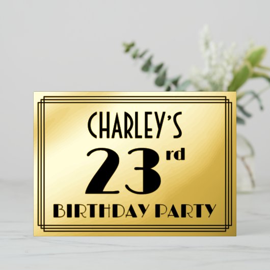 23e verjaardag — Art Deco look "23" + Naam Folie Uitnodiging (Staand Voorkant)