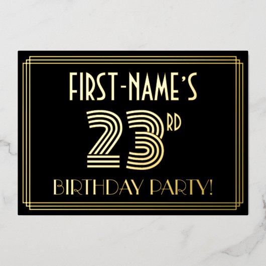23e verjaardag — Art Deco Style "23" + Naam Folie Uitnodiging (Voorkant)