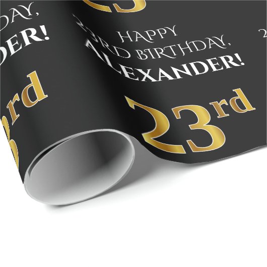 23e Verjaardag: Elegant, Zwart, Nepgoud Look Cadeaupapier (Rol Hoek)