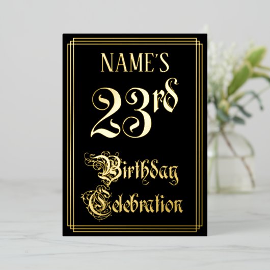23e verjaardag — Fancy script en aangepaste naam Folie Uitnodiging (Staand Voorkant)