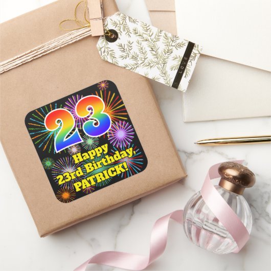 23e verjaardag: Fun Fireworks Kijk, regenboog # 23 Vierkante Sticker (Geschenken)