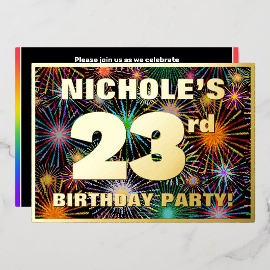 23e verjaardag — Fun, kleurrijke Fireworks look Folie Uitnodiging (Voorkant / Achterkant)