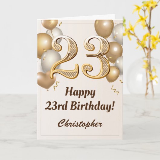 23e verjaardag goudballonnen en Confetti verjaarda Kaart (Gele Bloem)
