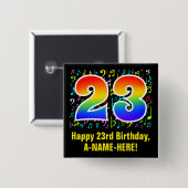 23e verjaardag: kleurrijke muzieksymbolen, regenbo vierkante button 5,1 cm (Voorkant /achterkant)
