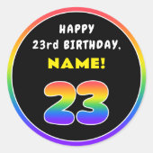 23e verjaardag: kleurrijke regenboog # 23, Naam va Ronde Sticker (Voorkant)