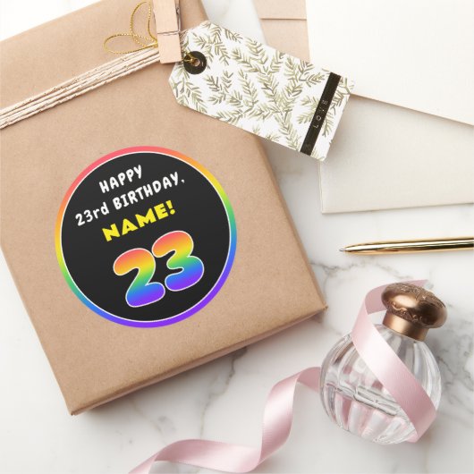 23e verjaardag: kleurrijke regenboog # 23, Naam va Ronde Sticker (Geschenken)