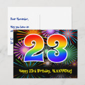 23e verjaardag – leuk vuurwerkpatroon + regenboog  briefkaart (Voorkant / Achterkant)