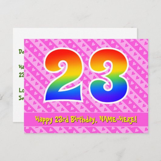 23e verjaardag: Roze strips en harten, regenboog 2 Briefkaart (Voorkant / Achterkant)