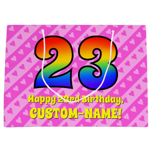 23e verjaardag: roze strips & harten, regenboognr. groot cadeauzakje (Voorkant)