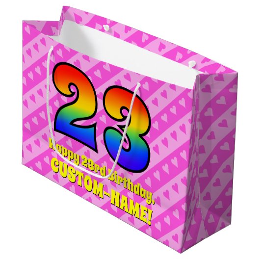 23e verjaardag: roze strips & harten, regenboognr. groot cadeauzakje (Voorkant Gekanteld)