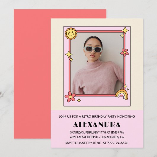 23e verjaardag uitnodiging Retro Groovy Pink Flora (Voorkant / Achterkant)