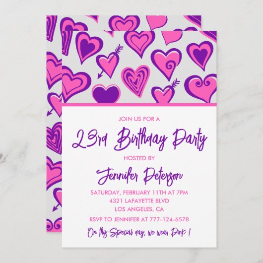 23e verjaardag uitnodigingen Glam Pink Heart (Voorkant / Achterkant)