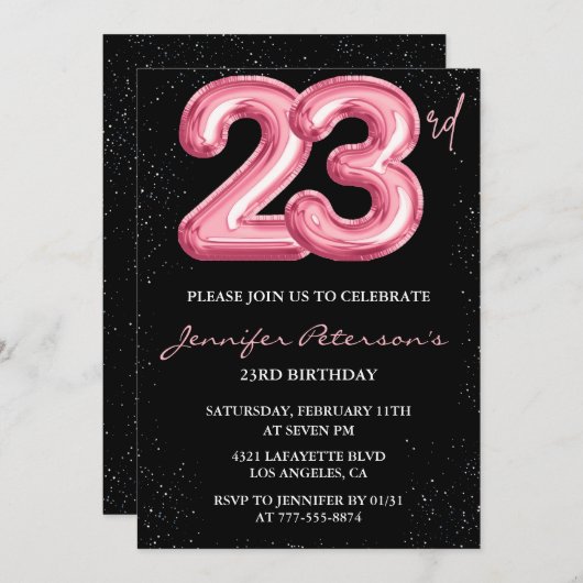 23e verjaardag uitnodigingen Pink Balloon Glam Bla (Voorkant / Achterkant)