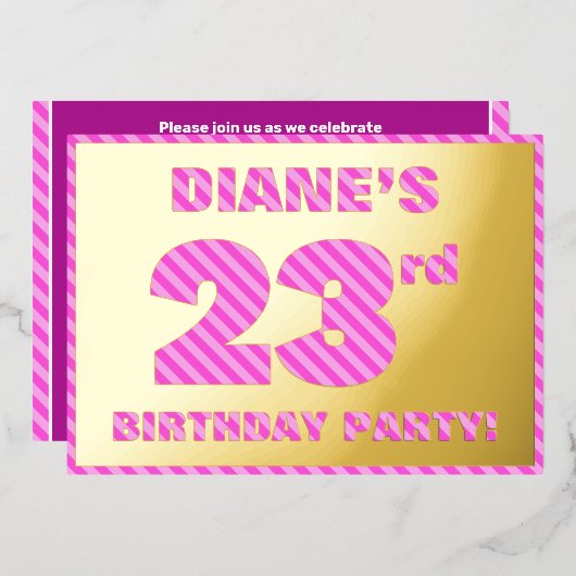 23e verjaardag — Vet, vuurtje, roze band # 23 Folie Uitnodiging (Voorkant / Achterkant)