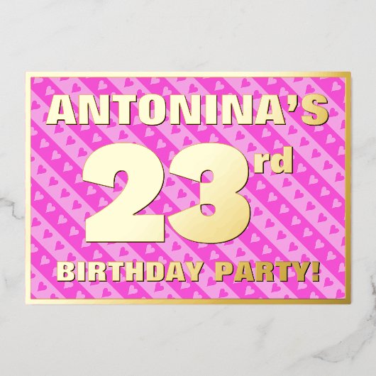 23e verjaardag — vuurroze harten en strips folie uitnodiging (Voorkant)