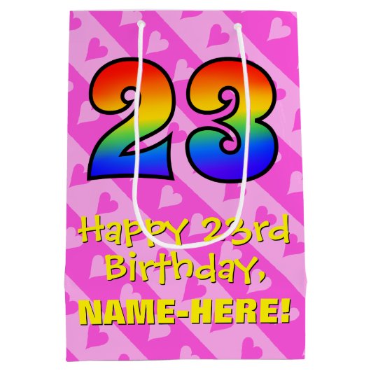 23e verjaardag: vuurroze hartstrepen; regenboog 23 medium cadeauzakje (Achterkant)