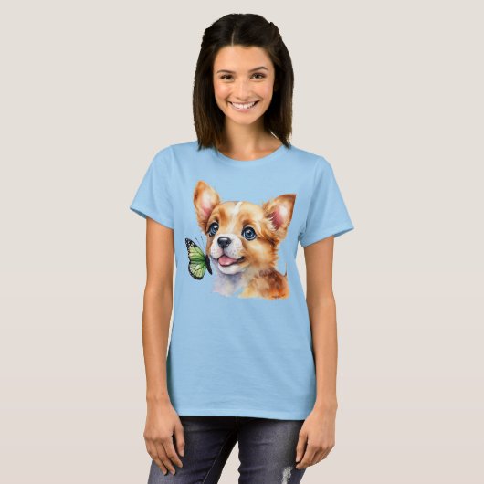 24072_A Puppy en groene vlinder T-shirt (Voorkant volledig)