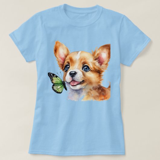 24072_A Puppy en groene vlinder T-shirt (Design voorkant)