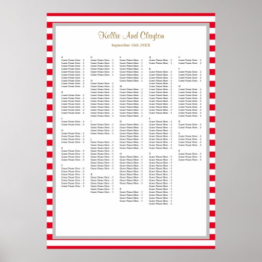 240 Rood/Witte Stripes Wedding Seating Chart Poster (Voorkant)