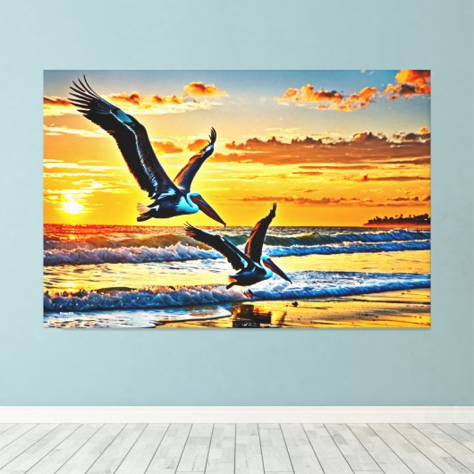24_017, Pelikanen die vliegen, Sunset Beach, Canvas Afdruk (Insitu (Houten vloer))