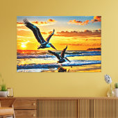 24_017, Pelikanen die vliegen, Sunset Beach, Canvas Afdruk (Insitu (Woonkamer))