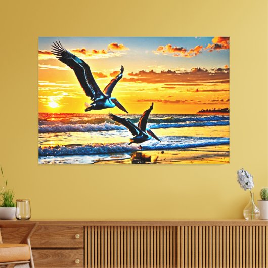 24_017, Pelikanen die vliegen, Sunset Beach, Canvas Afdruk (Insitu (Woonkamer))