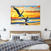 24_017, Pelikanen die vliegen, Sunset Beach, Canvas Afdruk (Insitu (Slaapkamer))
