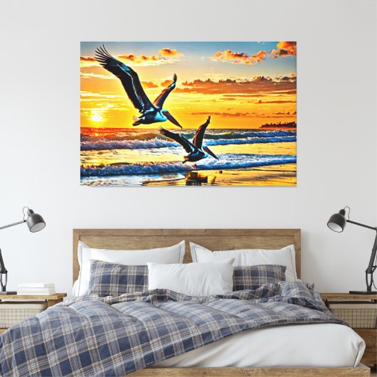 24_017, Pelikanen die vliegen, Sunset Beach, Canvas Afdruk (Insitu (Slaapkamer))