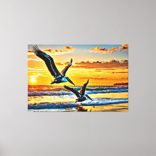 24_017, Pelikanen die vliegen, Sunset Beach, Canvas Afdruk