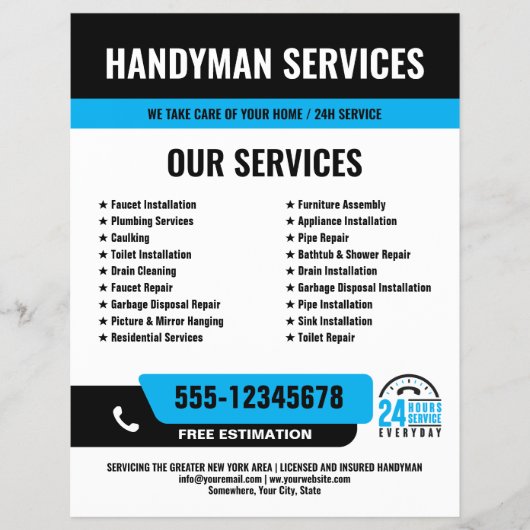 24/7 Handyman & Loodgieter Services ZWART BLAUW Flyer (Voorkant)