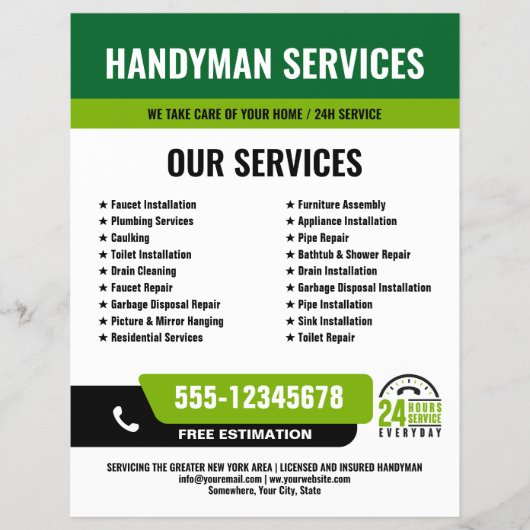 24/7 Handyman & Loodgieter Services ZWART GROEN Flyer (Voorkant)