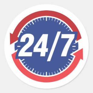 24/7 Uren Symbool w / Klok Gezicht & Tijd Pijlen Ronde Sticker