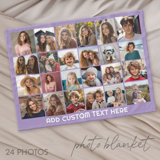 24 foto-collage met aangepaste tekst - paars fleece deken