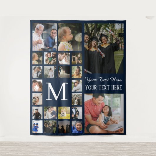 24 Foto Familie of Collage Met Tekst Navyblauw  Wandkleed (Voorkant)