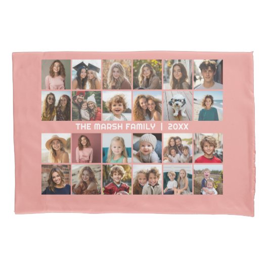 24 Fotocollage met Familienaam Datum - koraal Kussensloop (Voorkant)