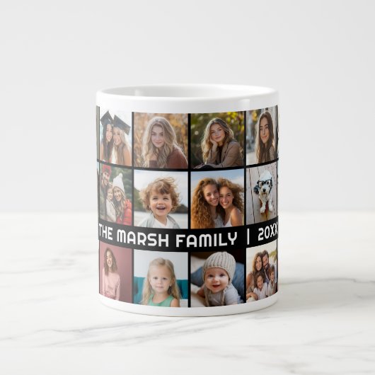 24 Fotocollage met Familienaam Datum zwart Grote Koffiekop (Voorkant)
