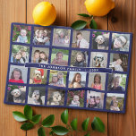 24 Fotosjabloon Collage met aangepaste tekst Theedoek<br><div class="desc">Een sjabloon met 24 foto's. Voor beste resultaten,  gebruiks vierkant bebouwde foto's. Om de achtergrondkleur te veranderen,  klik op de pas optie aan en kies een nieuwe achtergrondkleur.</div>
