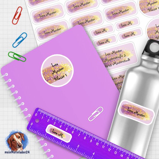 24 Namensaufkleber Pinselstrich Lila - Glitzer | Sticker