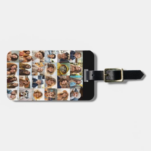 24 Photo Collage Grid - zwart met witte tekst Bagagelabel (Voorkant horizontaal)