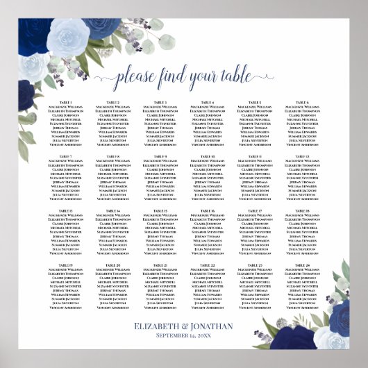 24 Tabel Elegant Blue Rozen Wedding Seating Chart Poster (Voorkant)