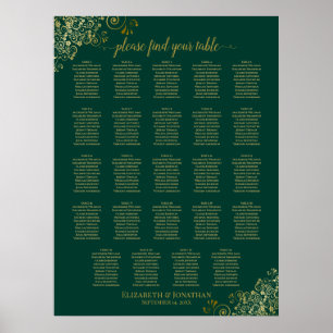 24 Tabel Emerald Green Gold Wedding Seating Grafie Poster