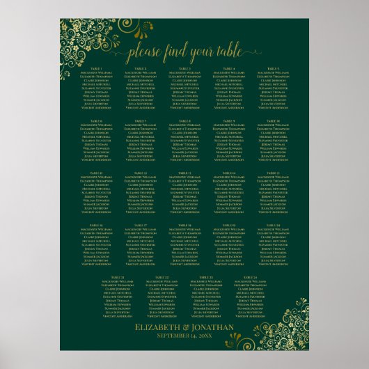 24 Tabel Emerald Green Gold Wedding Seating Grafie Poster (Voorkant)